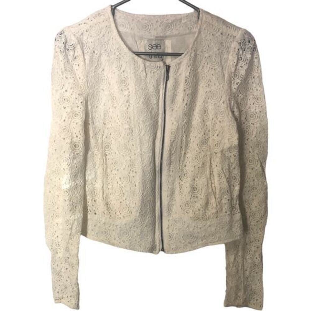 See Thru Soul Womens Zip Up Lined Bomber Jacket Lace Detail Ivory Size‎ Small